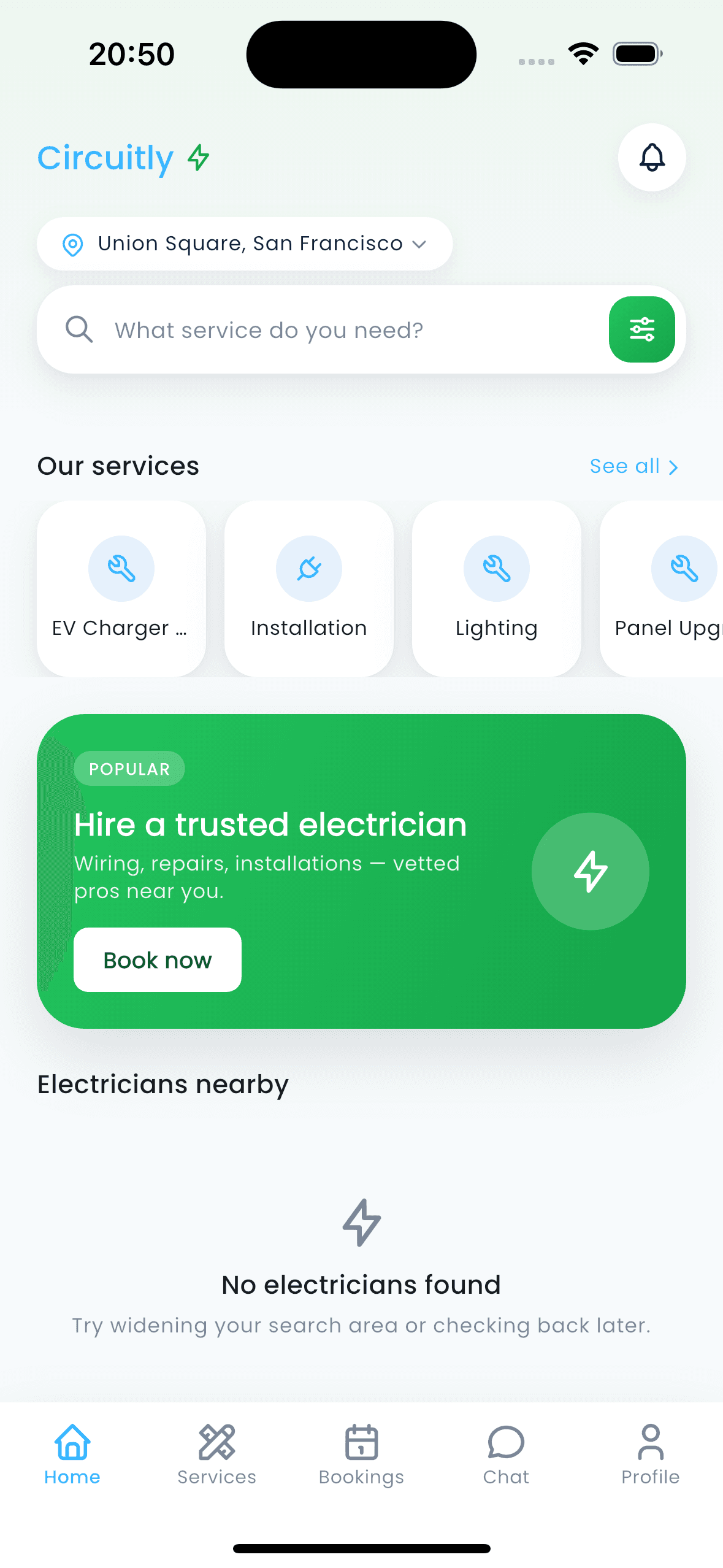 Circuitly home screen with a location picker, a "What service do you need?" search bar, service categories (Installation, Repairing, Rewiring) added from the admin dashboard, a "Hire a trusted electrician" promo, and a nearby electrician listing.