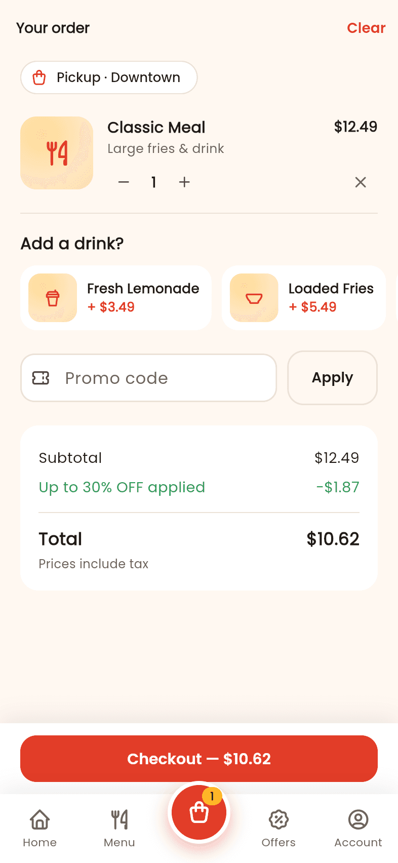 The cart with a suggested add-on, a promotion applied automatically, and the total ready for checkout.