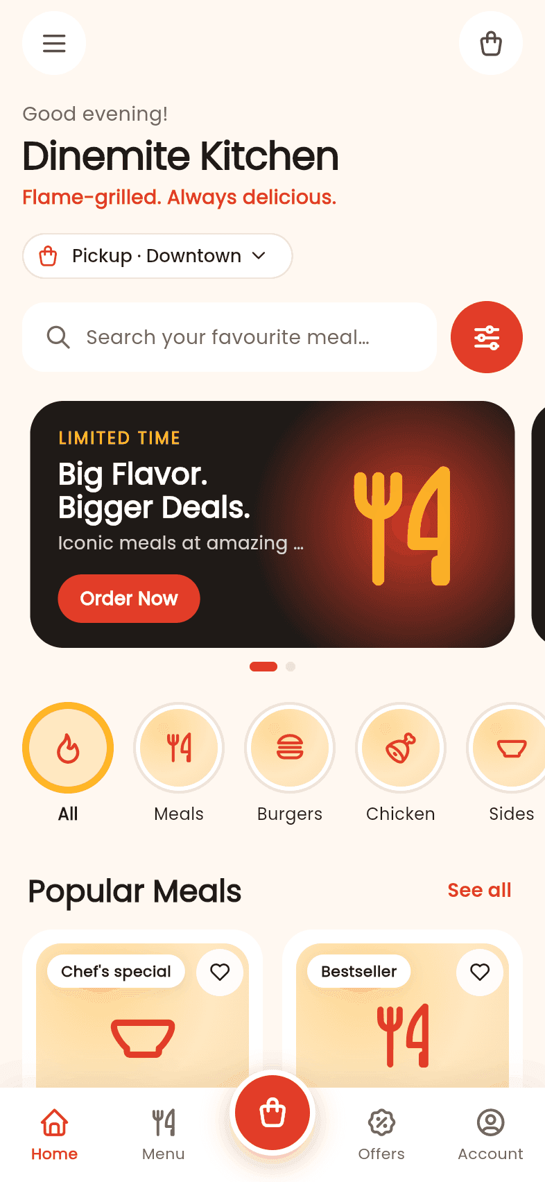 Dinemite customer app home screen with a pickup branch chooser, menu search, a promotion banner, food categories and popular meals.