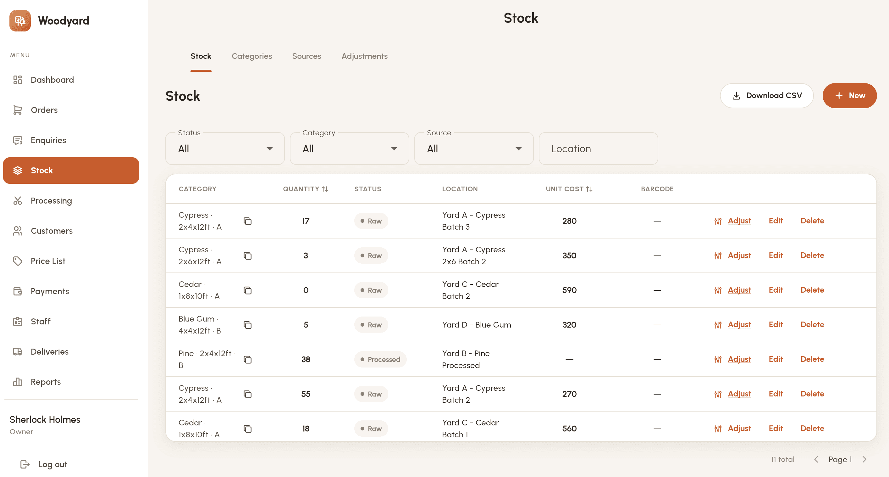 Woodyard admin Stock screen listing timber batches by species, dimension and grade (Cypress, Cedar, Blue Gum, Pine) with quantity, status, yard location, unit cost, and Adjust/Edit/Delete row actions.
