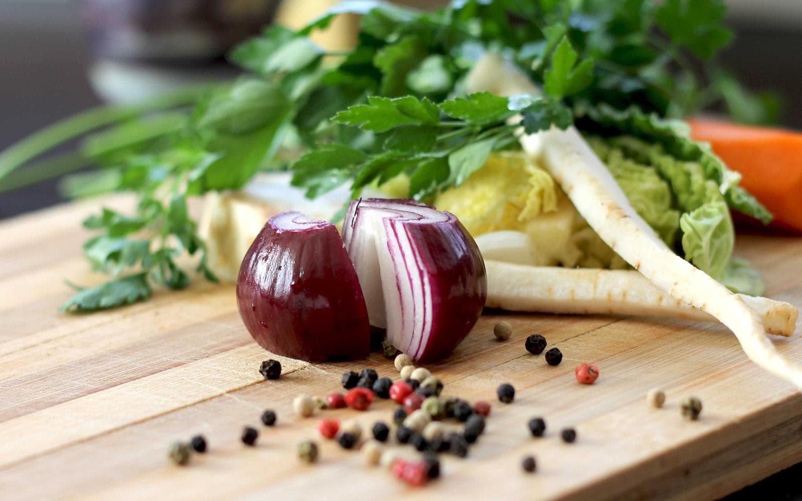 Vegetables and spices on a chopping board