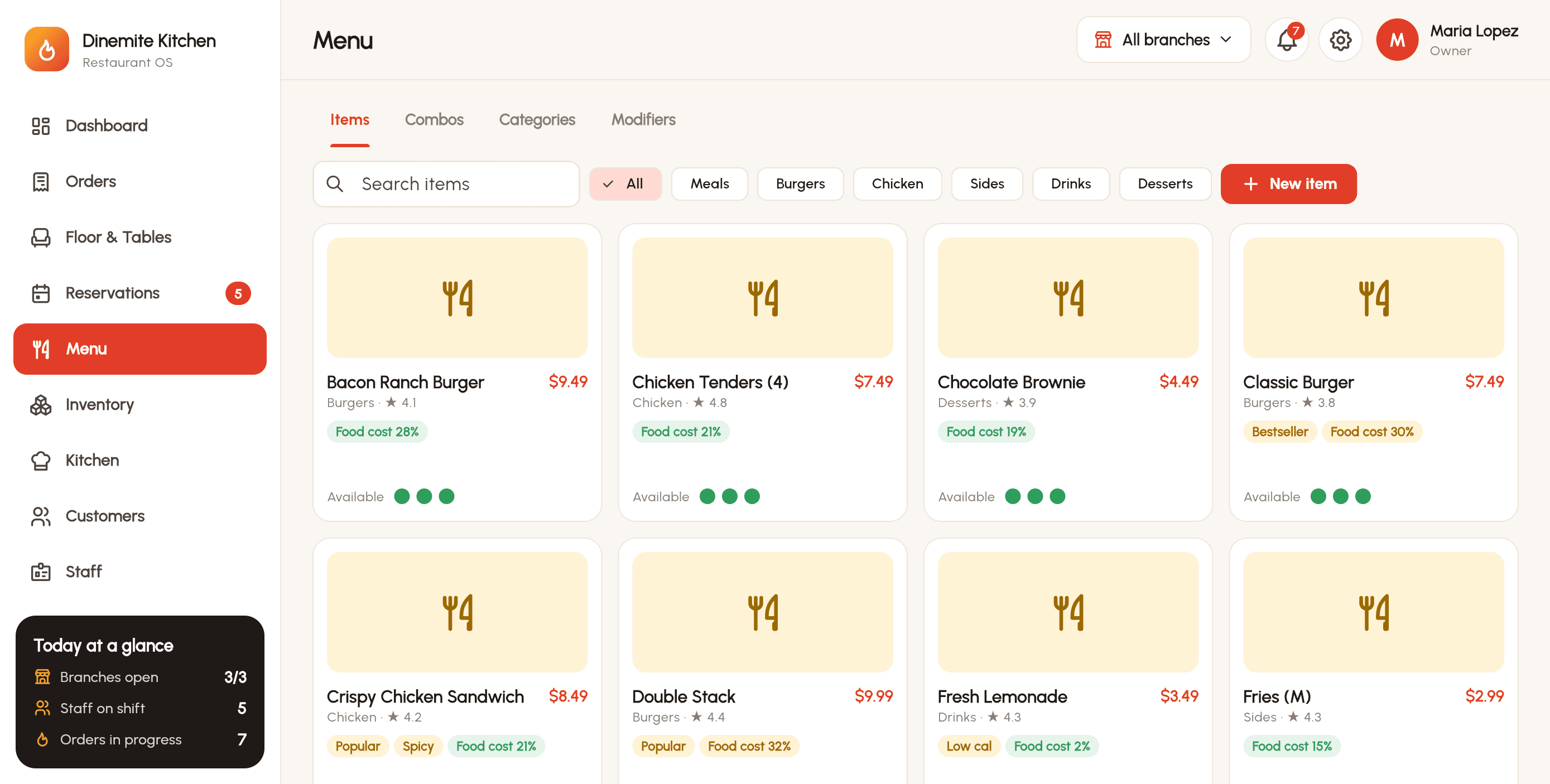 Dinemite admin Menu screen with dishes by category, prices, ratings, badges such as Bestseller and Spicy, the food cost of each dish as a share of its price, and availability at each branch.