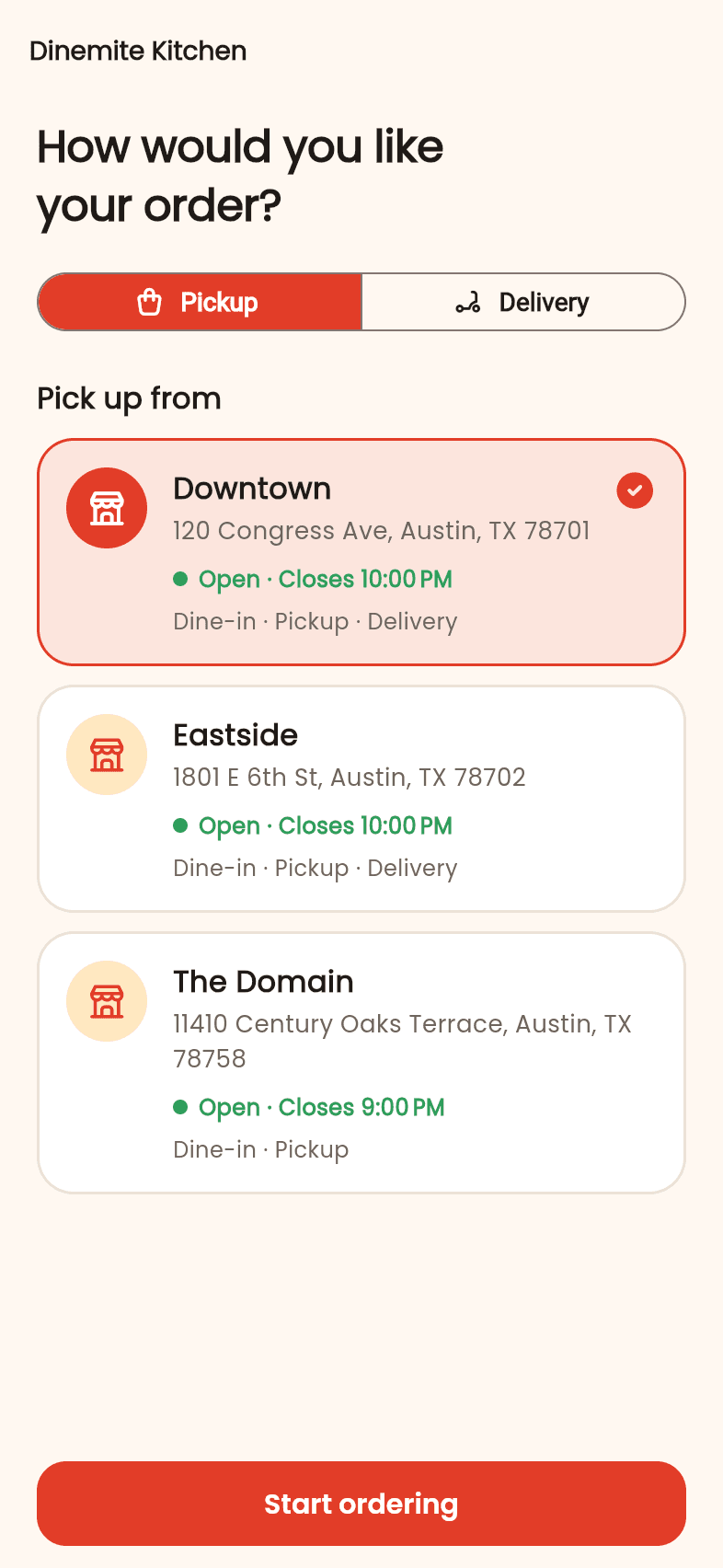 Choosing pickup or delivery and a branch, with each branch's address, opening status and services.