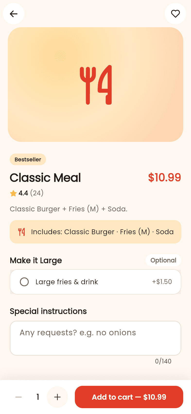 A combo meal with its rating, what it includes, an optional upgrade and special instructions, and Add to cart.