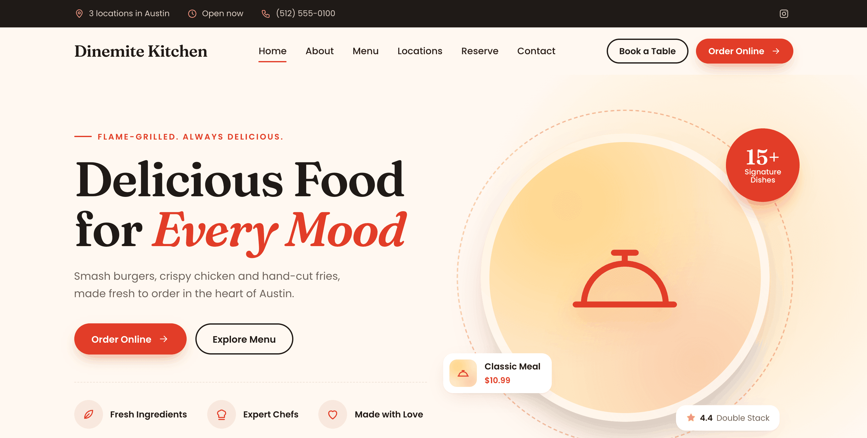 Dinemite Kitchen restaurant website with the headline "Delicious Food for Every Mood", Order Online and Explore Menu buttons, opening status and locations in the top bar, and a Book a Table button.