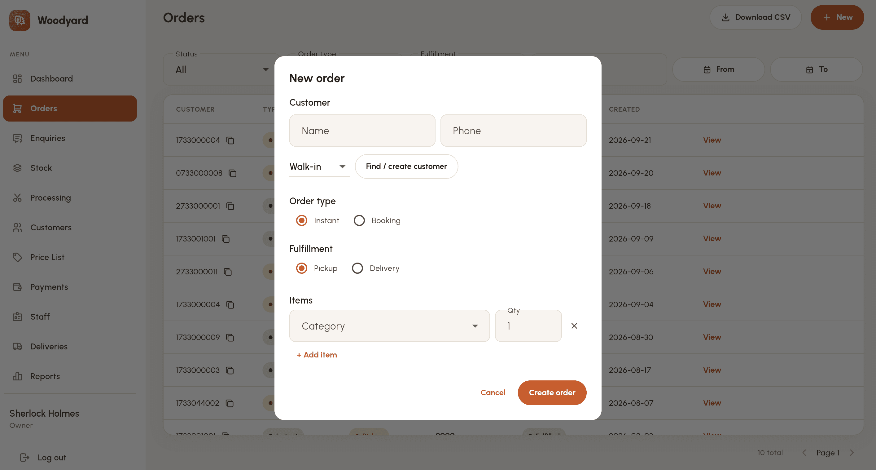 Woodyard admin "New order" dialog — find or create a customer, choose instant or booking and pickup or delivery, then add line items by category and quantity.